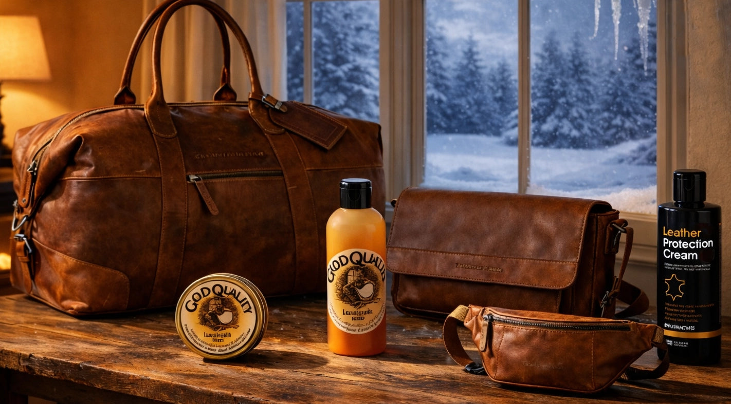 hero bild föreställande väskor och lädervårdsprodukter placerade på ett bord inomhus, där man genom ett fönster ser ett vinterlandskap utanför